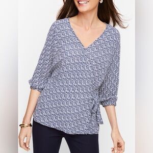 Talbots Petite M Navy Blue Print Faux Wrap V-Neck Viscose Blouse Hip Length